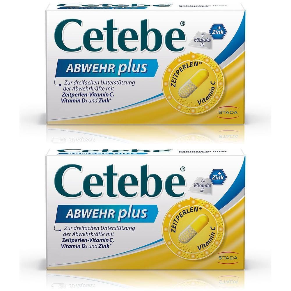 Zwei Packungen Cetebe ABWEHR plus mit Vitamin C, D und Zink zur Unterstützung der Abwehrkräfte.
