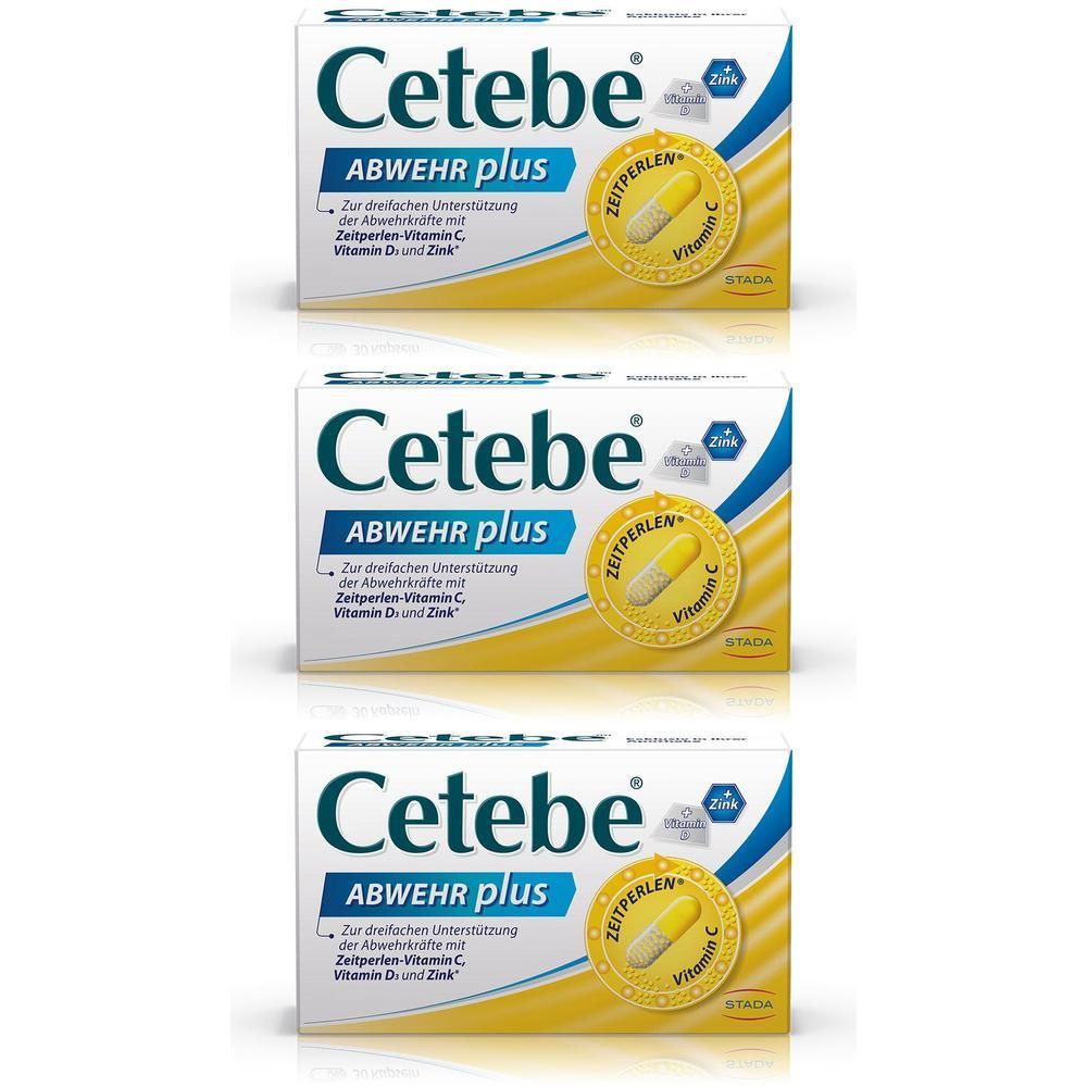 Drei Packungen Cetebe ABWEHR plus mit Zeitperlen-Vitamin C, D und Zink.