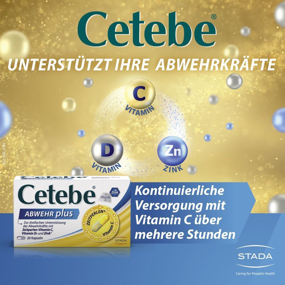 Cetebe ABWEHR plus unterstützt Abwehrkräfte mit Vitamin C, D und Zink.