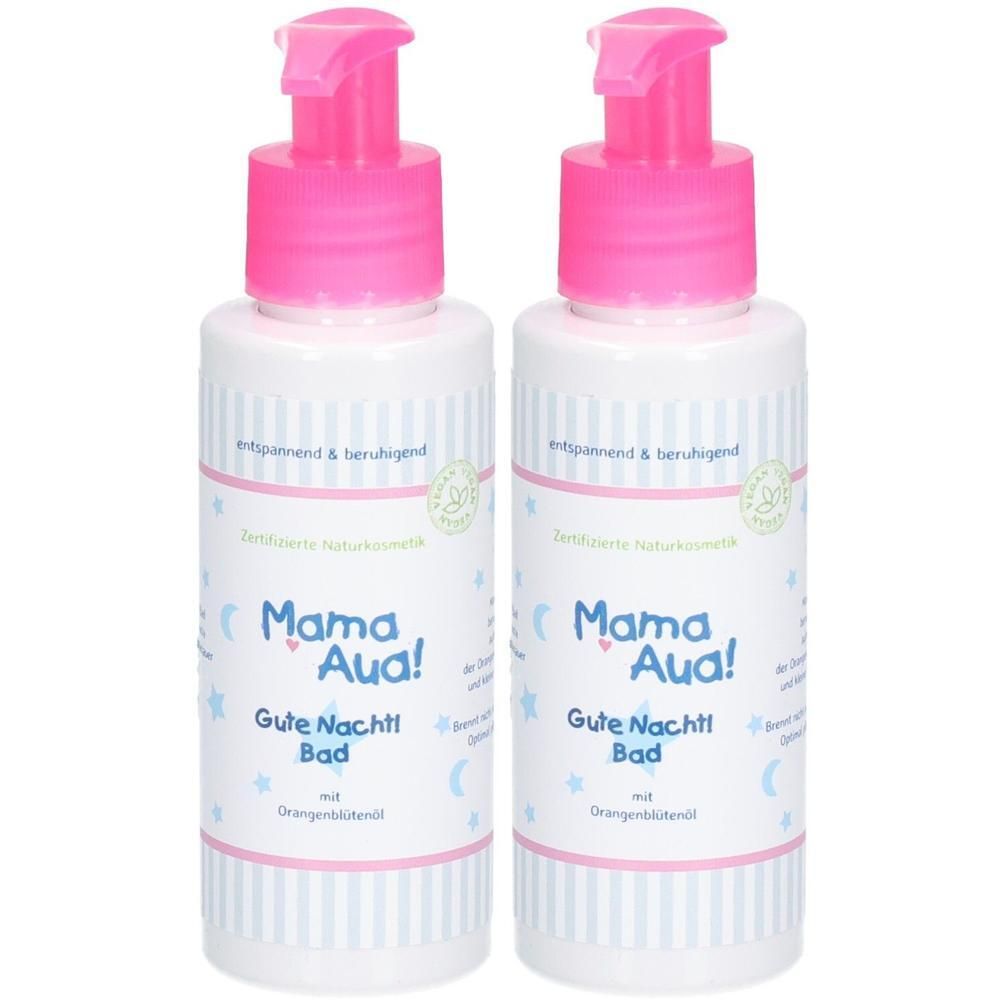 Zwei Flaschen Mama Aua! Gute Nacht Bad mit Pumpspender, zertifizierte Naturkosmetik.