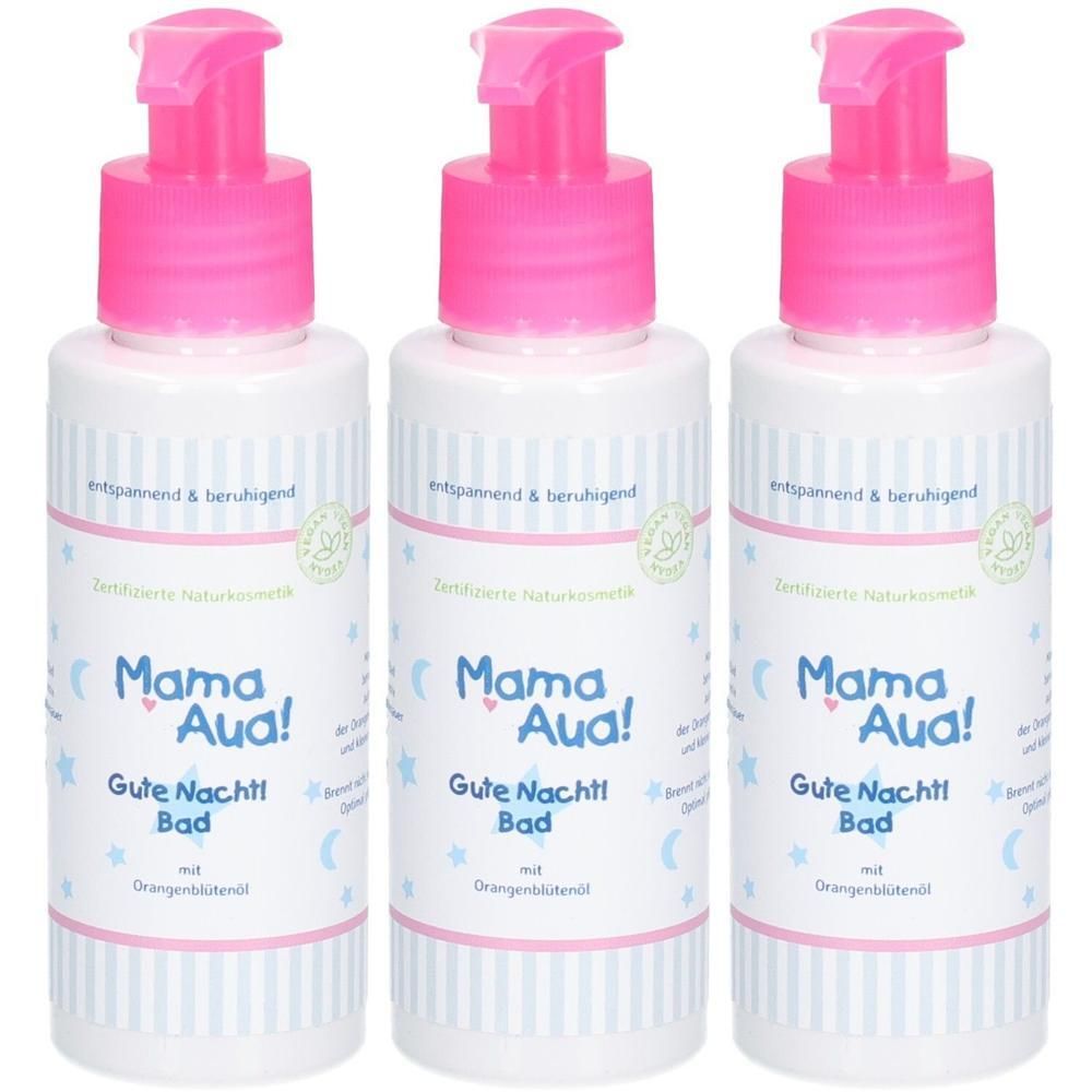 Drei Flaschen Mama Aua! Gute Nacht Bad mit Pumpspender und rosa Verschluss. Zertifizierte Naturkosmetik.