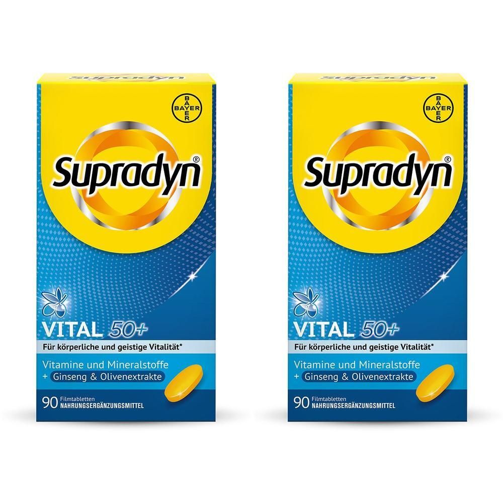 Zwei Packungen Supradyn® VITAL 50+ Filmtabletten mit je 90 Stück. Gelbe Tabletten sind abgebildet.