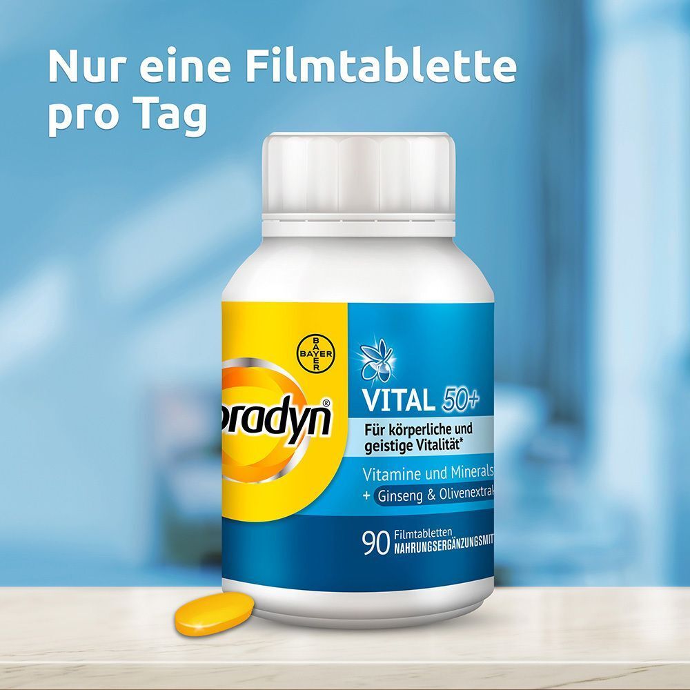 Flasche Supradyn® VITAL 50+ Filmtabletten (90 Stück) mit einer einzelnen Tablette daneben.
