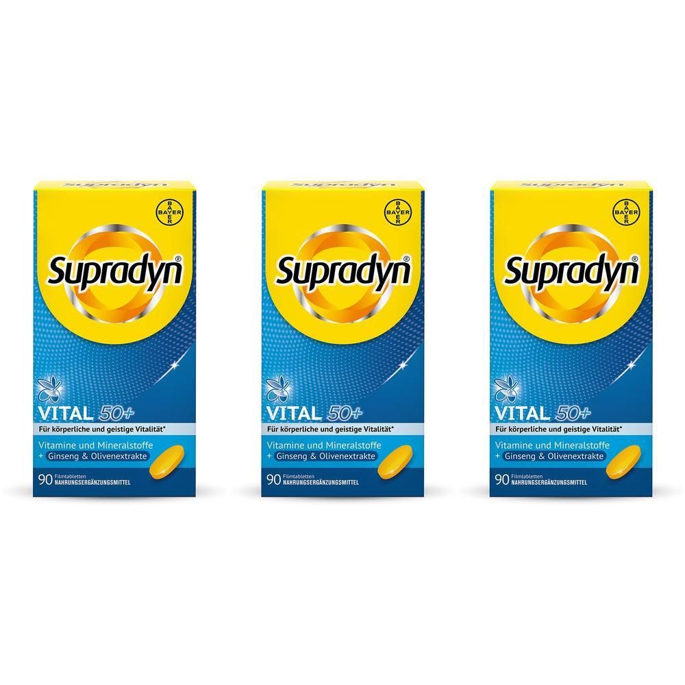 Drei Packungen Supradyn Vital 50+ Multivitamin, jede mit 90 Filmtabletten.