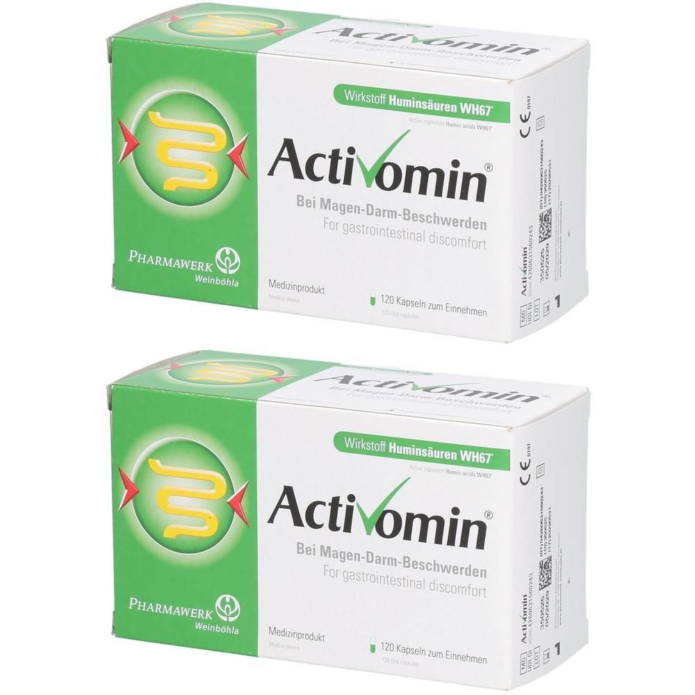 Zwei Packungen ACTIVOMIN KPS Kapseln mit je 120 Stück. Grüne Verpackung mit Darm-Symbol.