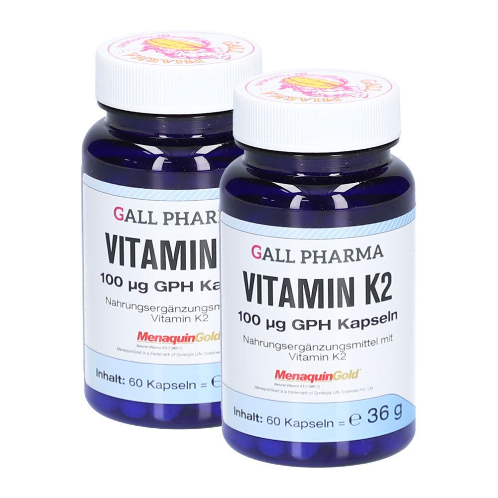 Zwei Flaschen Gall Pharma Vitamin K2 100 µg GPH Kapseln, 60 Kapseln pro Flasche.