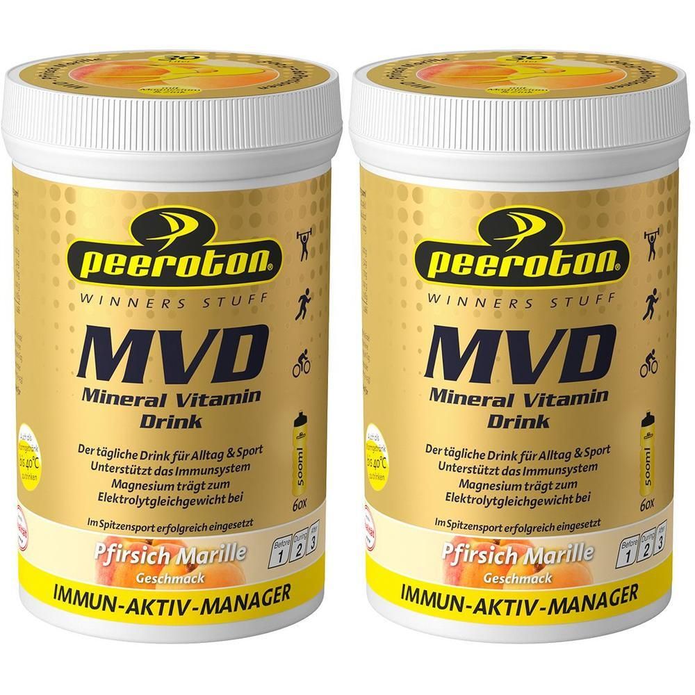 Zwei Dosen peeroton MVD Mineral Vitamin Drink Pfirsich Marille. Goldene Verpackung mit schwarzen und weißen Schriftzügen.