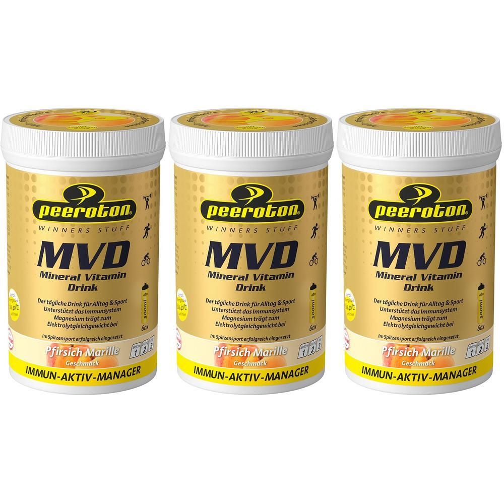 Drei Dosen peeroton MVD Mineral Vitamin Drink Pfirsich Marille. Goldene Verpackung mit schwarzen und weißen Schriftzügen.