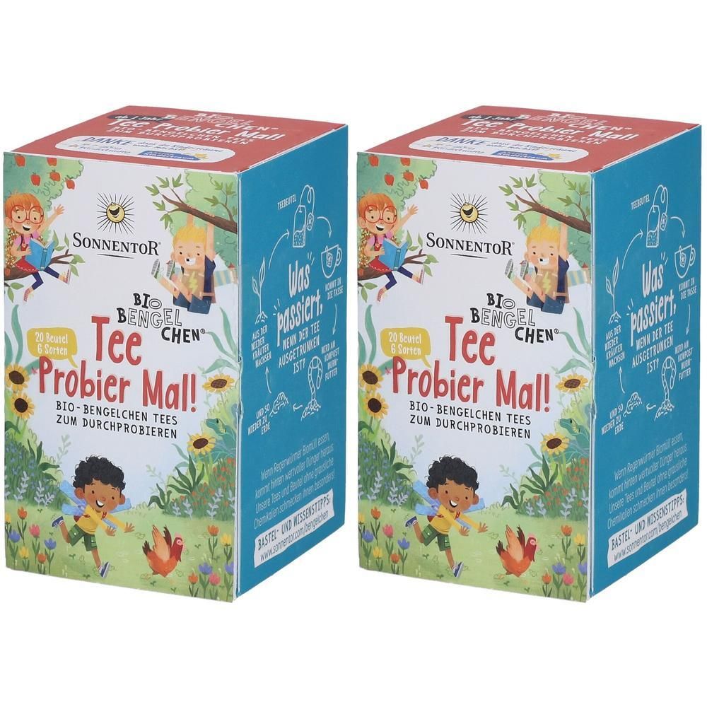 Zwei Schachteln Sonnentor Bio-Bengelchen Tee Probier mal! mit Kinderillustrationen und Sonnenblumen.