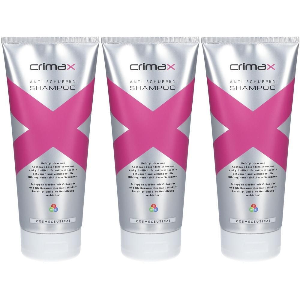 Drei silberne Tuben mit pinkem X-Symbol. Crimax Anti-Schuppen Shampoo.
