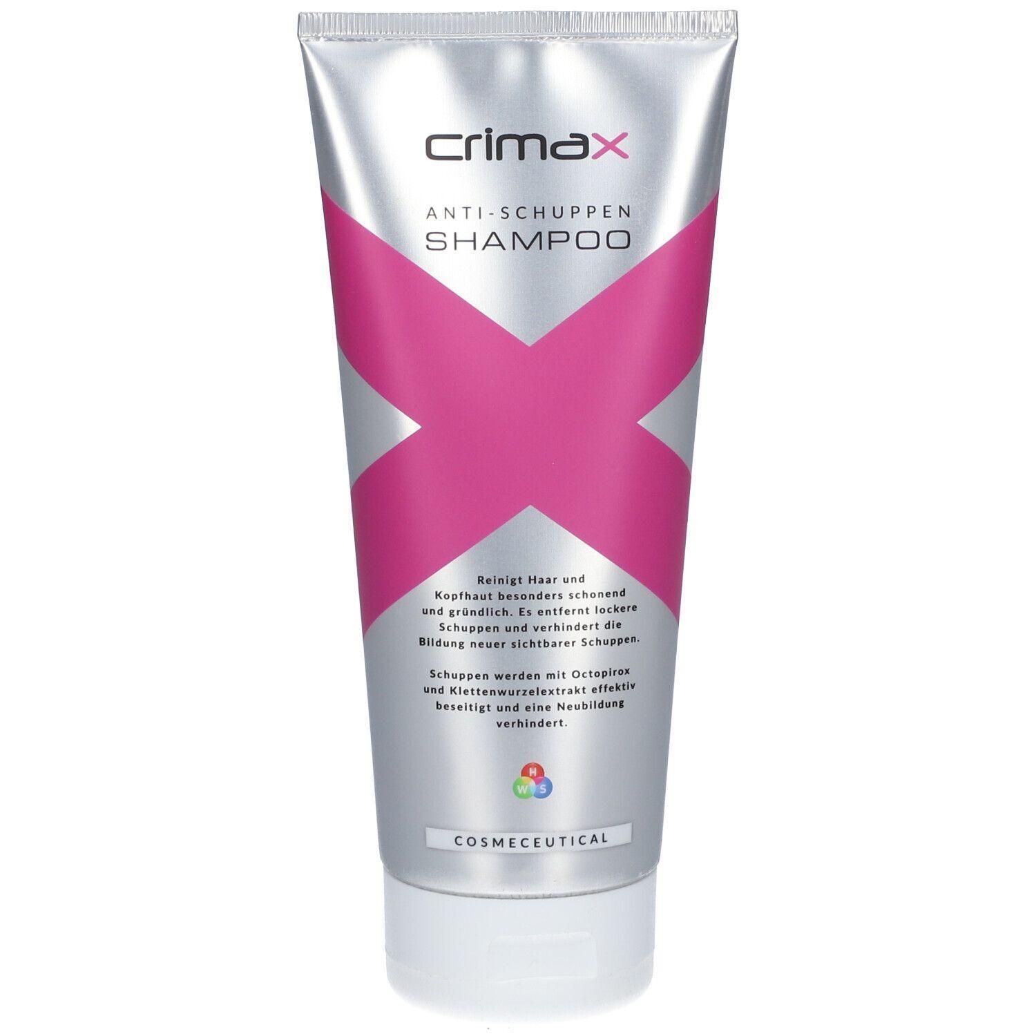 Crimax Anti-Schuppen Shampoo in silberner Tube mit pinkem X-Design. Beruhigt Haar und Kopfhaut, entfernt Schuppen.