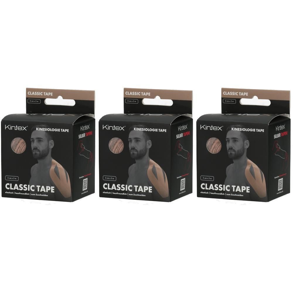 Drei Packungen Kintex Classic Tape Kinesiologie-Tape, 5 cm breit, mit Abbildung eines Mannes, der das Tape trägt.