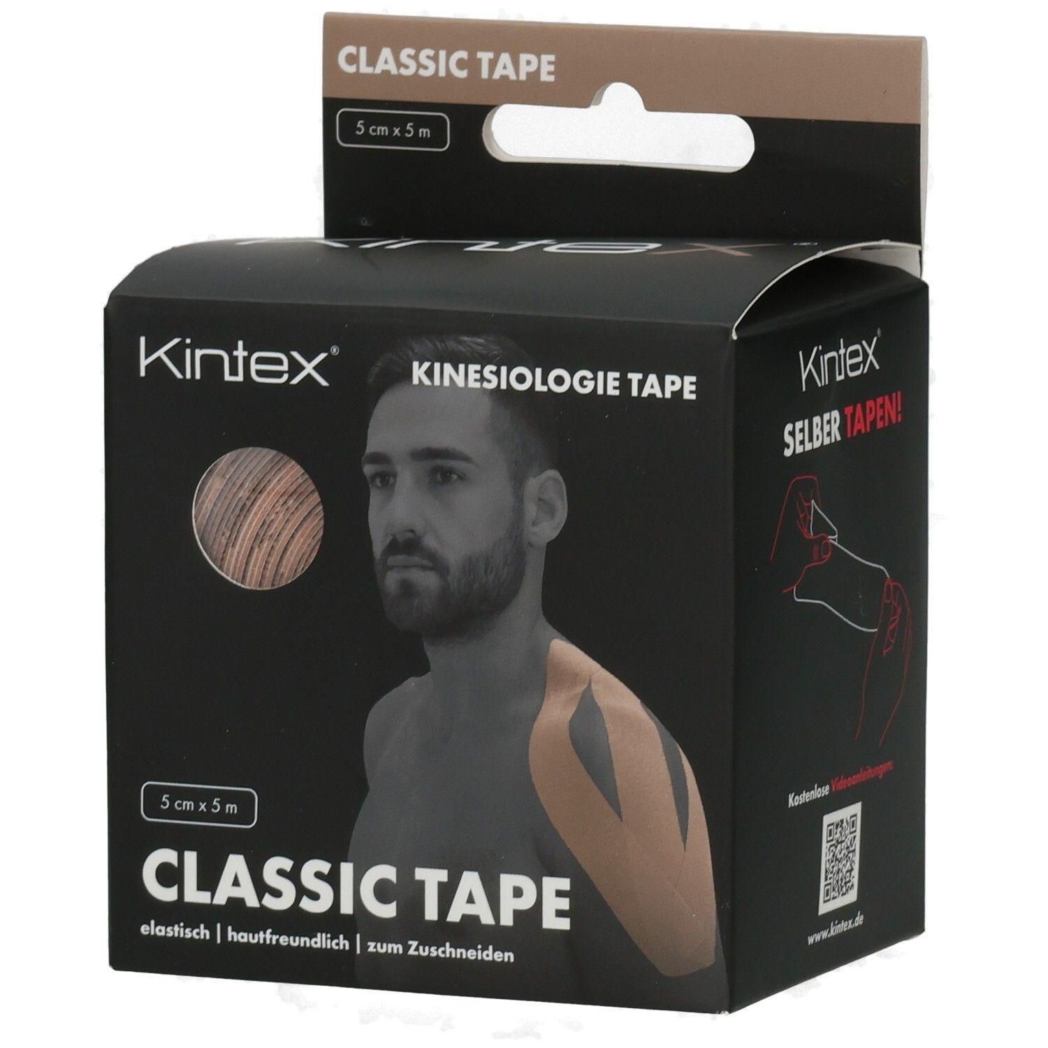 Kintex Classic Tape Kinesiologie Tape 5 cm x 5 m auf Kartonverpackung mit Abbildung eines Mannes mit Tape.