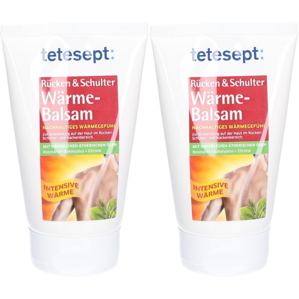 Zwei tetesept Rücken & Schulter Wärme-Balsam Tuben mit intensivem Wärmegefühl.