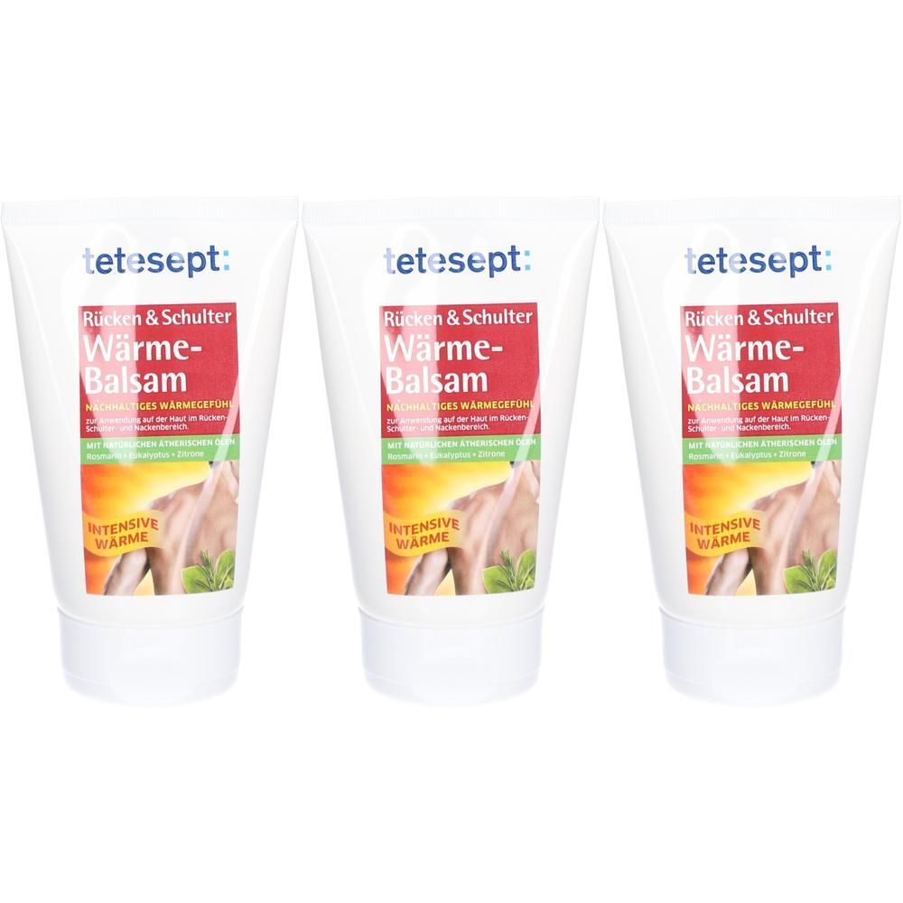 Drei Tuben tetesept Rücken & Schulter Wärme-Balsam mit Aufdruck 'INTENSIVE WÄRME'.