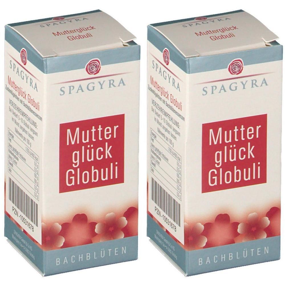 Zwei Schachteln SPAGYRA Mutterglück Globuli, Zuckerkügelchen mit Bachblütenessenzen.