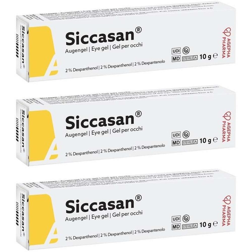 Drei Packungen Siccasan® Augengel mit 2 % Dexpanthenol. Jede Packung zeigt den Markennamen und die Produktbezeichnung.