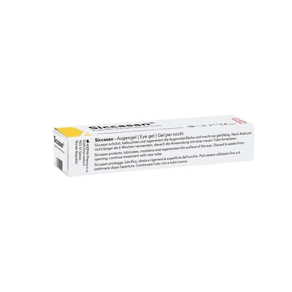 Eine Packung Siccasan® Augengel mit 2 % Dexpanthenol. Die Seitenansicht zeigt detaillierte Anwendungshinweise in mehreren Sprachen.