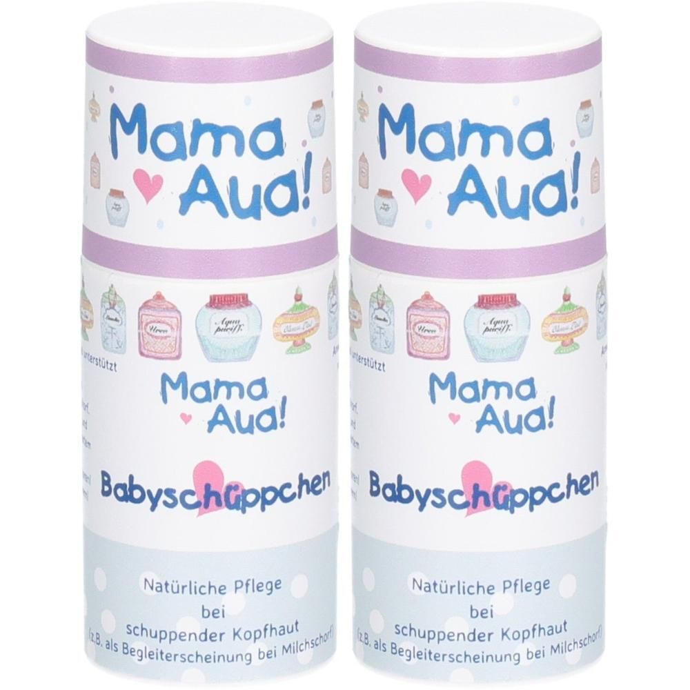 Zwei Behälter Mama Aua! Babyschüppchen mit Abbildungen von Babyprodukten und Text.