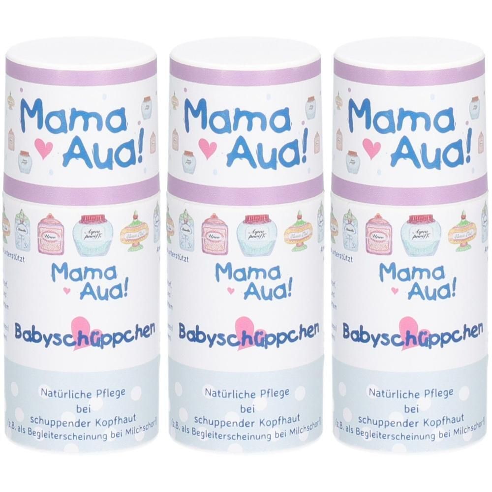 Drei Tuben Mama Aua! Babyschüppchen für natürliche Pflege bei schuppender Kopfhaut.