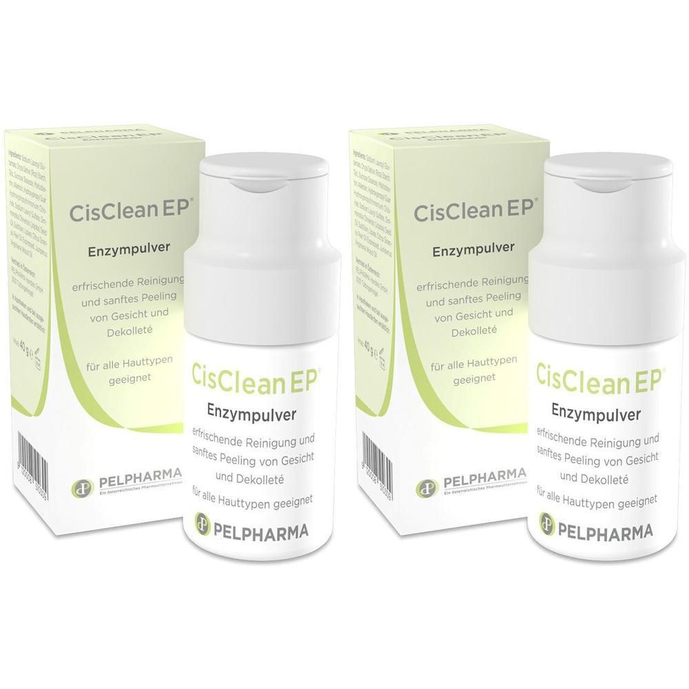 Zwei Flaschen CisClean EP Enzympulver mit Schachteln. Erfrischende Reinigung und sanftes Peeling für Gesicht und Dekolleté.