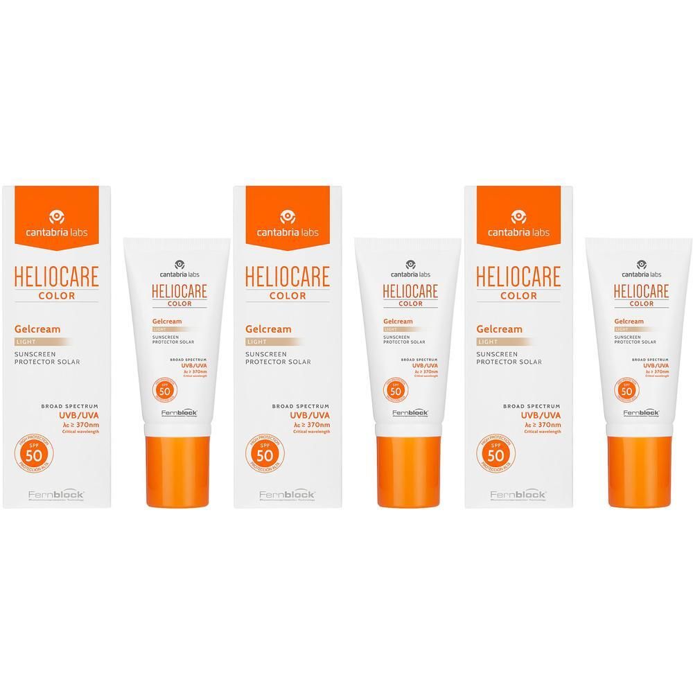 Drei Tuben und drei Schachteln HELIOCARE Color Gelcreme Light LSF 50, vorne und hinten.