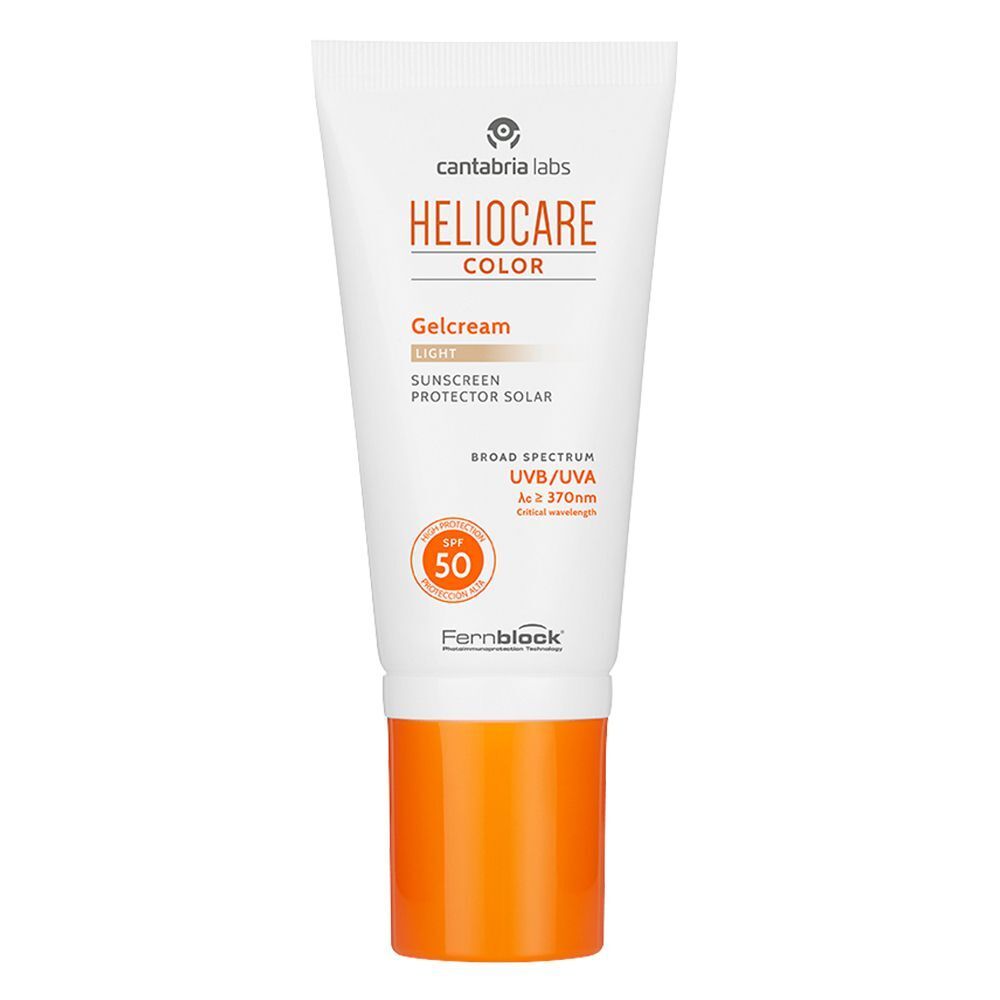 Eine Tube HELIOCARE Color Gelcreme Light LSF 50 mit orangefarbenem Verschluss.