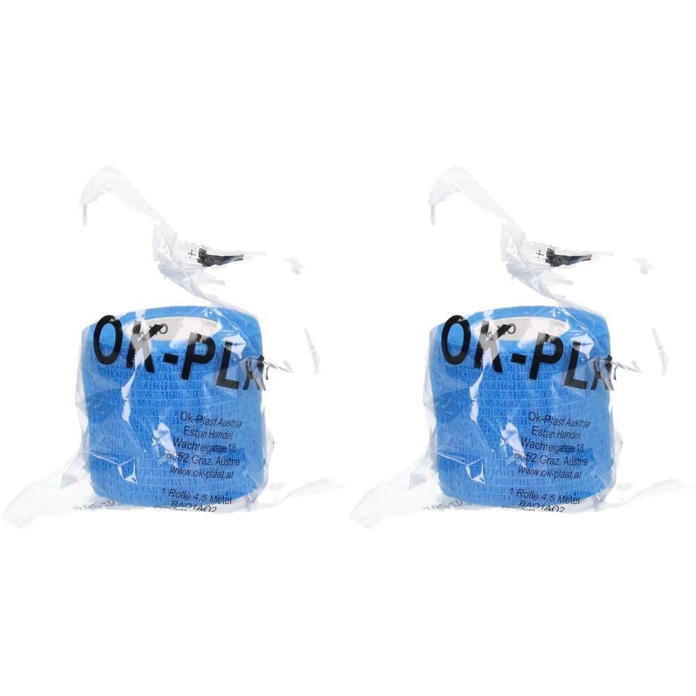 Zwei blaue Rollen Verbandmaterial, jeweils in Folie verpackt. Aufdruck 'OK-PLAST'.