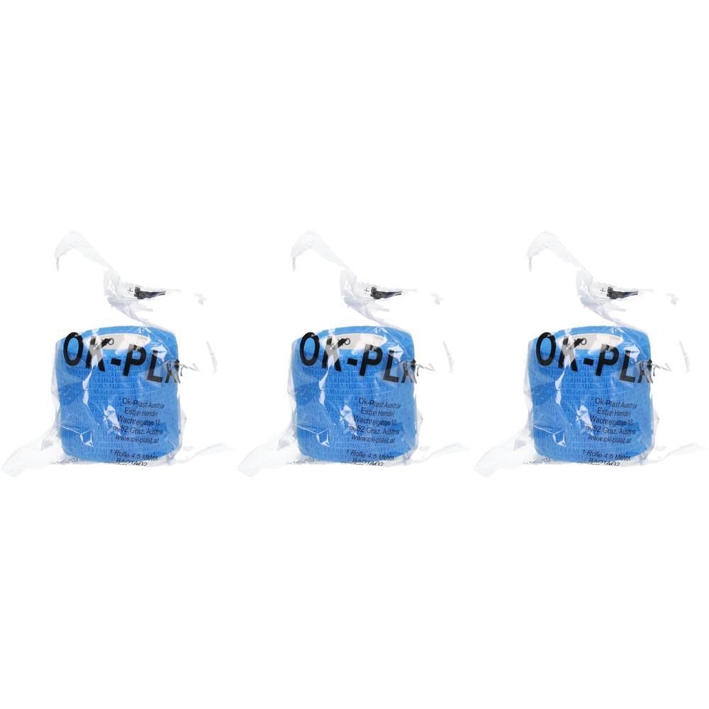 Drei blaue Rollen Verbandmaterial, einzeln in Plastik verpackt.