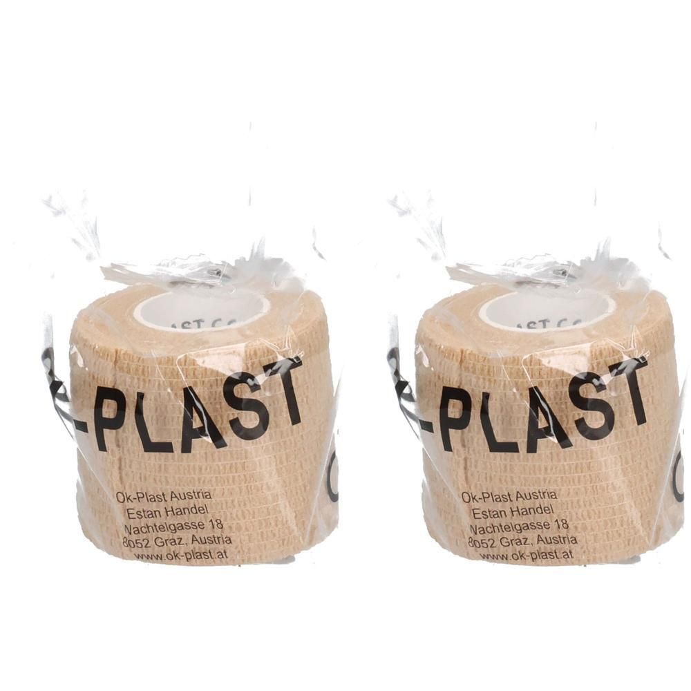 Zwei Rollen hellbraunes Klebeband, jeweils in Folie verpackt. Aufdruck: OK-PLAST.