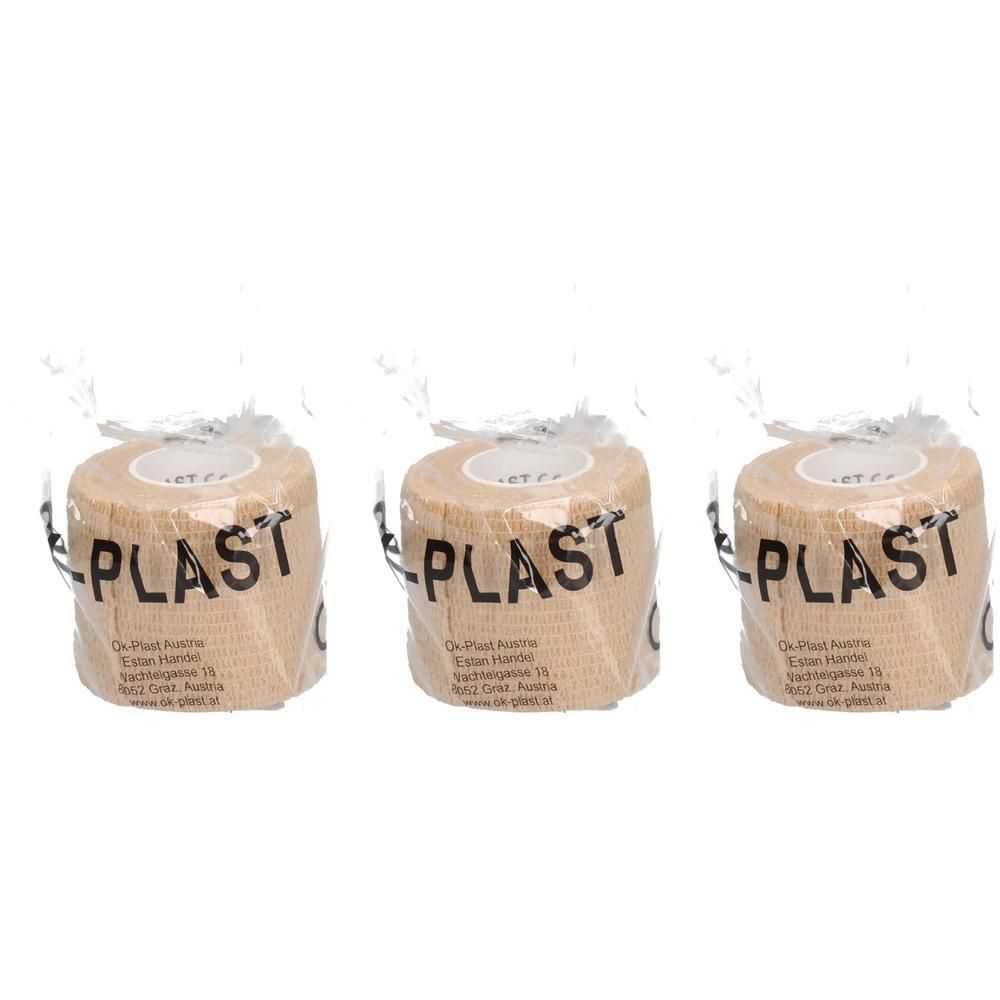 Drei Rollen OK-Plast Klebeband, naturfarben, einzeln verpackt.
