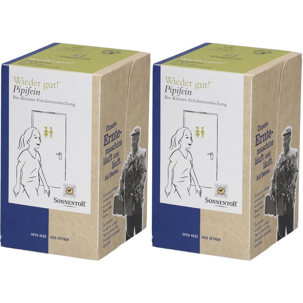 Zwei Schachteln SonnentoR® Pipifein® Bio-Kräuter-Fein-Tee. Vorderseite mit Illustration einer Person vor einer Tür.