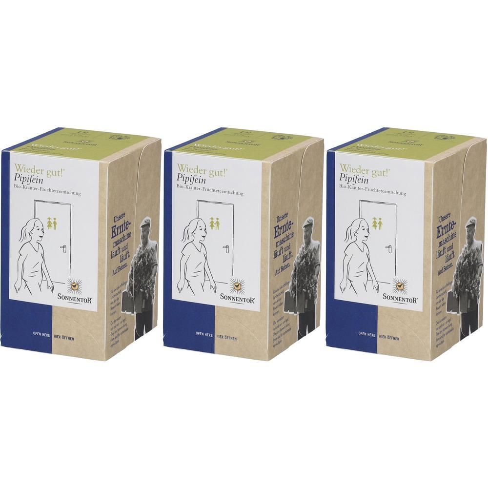 Drei Schachteln SonnentoR® Wieder gut!® Pipifein® mit Illustration einer Person vor einer Tür.