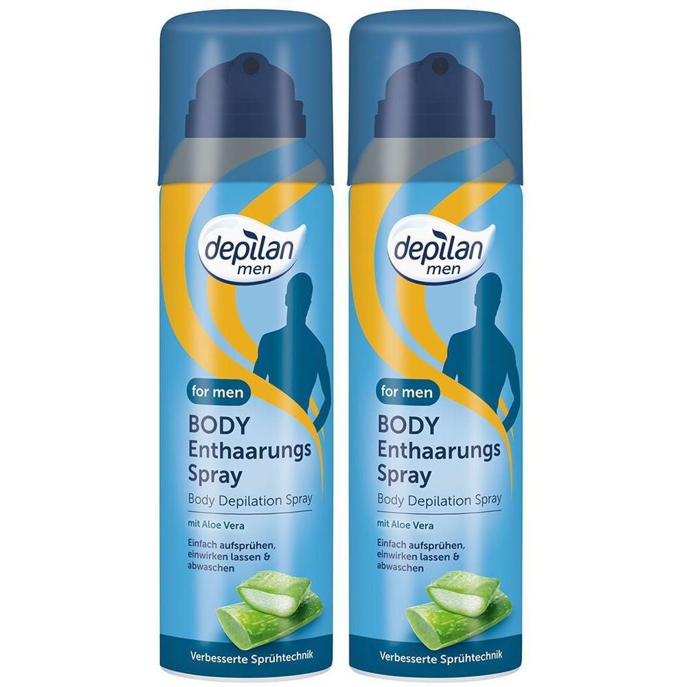 Zwei Dosen Depilan Men Body Enthaarungsspray mit Aloe Vera und Abbildung von Aloe Vera Scheiben.