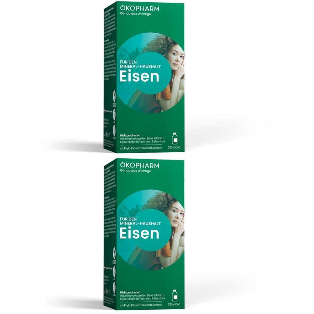 Zwei Packungen ÖKOPHARM Eisen Saft. Grüne Kartons mit Bild einer Frau und Text "Für den Mineralhaushalt Eisen".