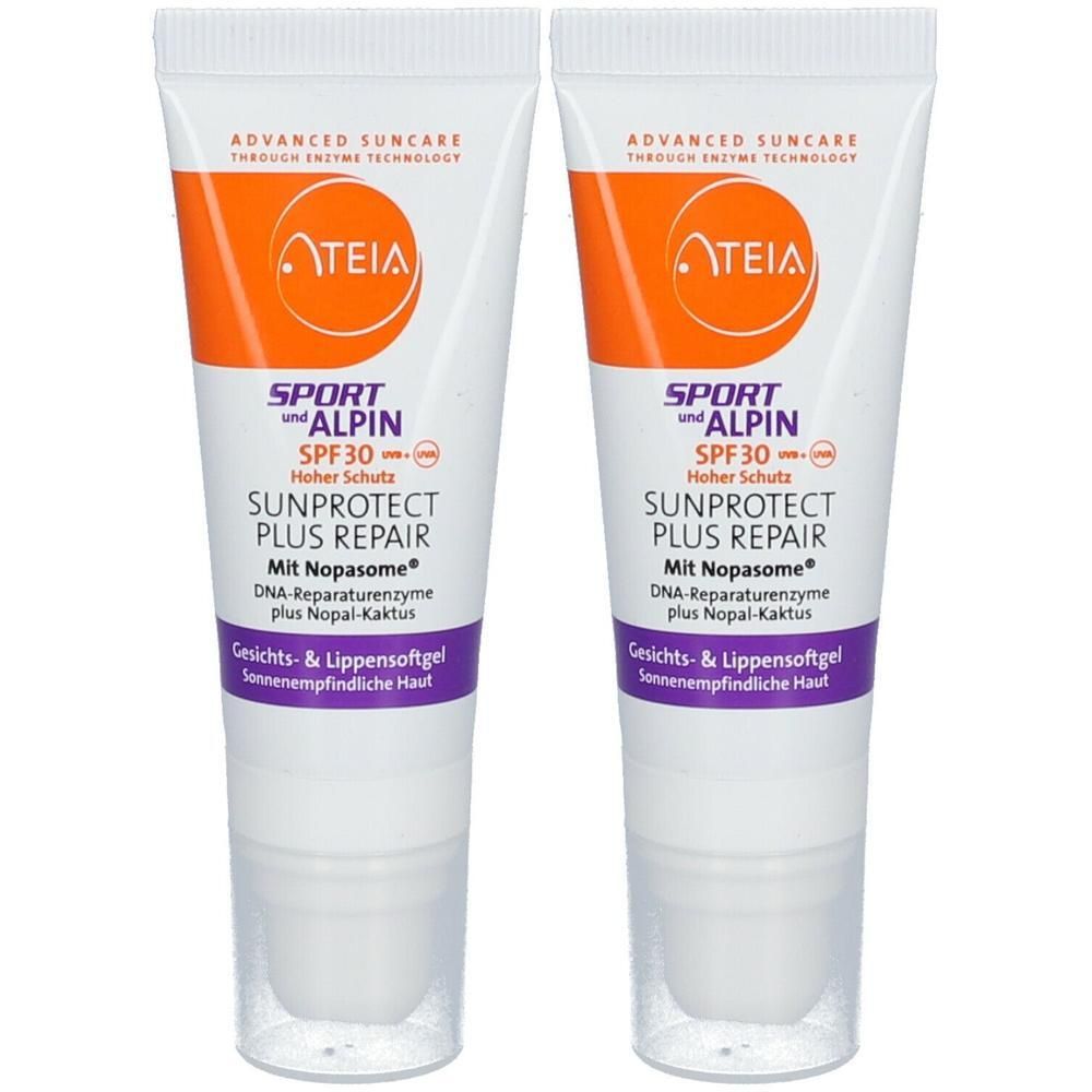 Zwei ATEIA Sport & Alpin Sunprotect Plus Repair SPF30 Gesichts- & Lippensoftgels mit Nopasome.