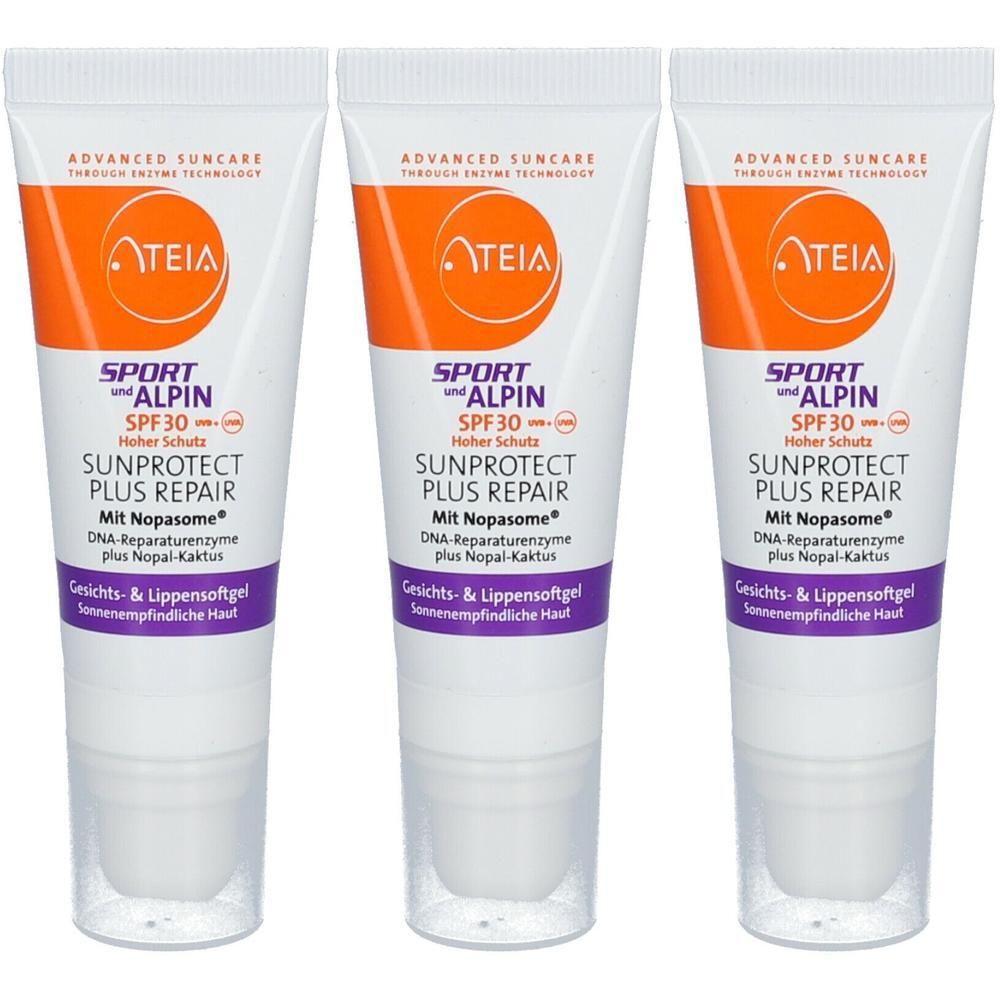 Drei Tuben ATEIA Sport & Alpin LSF 30 Sunprotect Plus Repair Gesichts- & Lippengel.