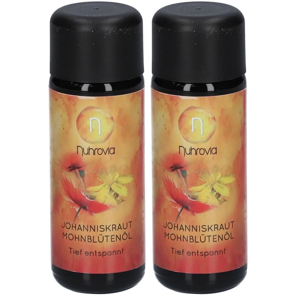 Zwei Flaschen Nuhrovia Johanniskraut-Mohnblütenöl mit Blütenabbildung und schwarzem Deckel.