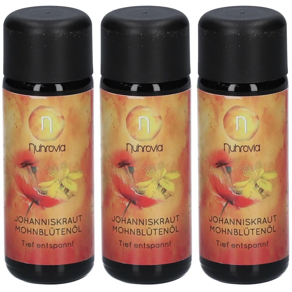 Drei Flaschen Nuhrovia Johanniskrautöl - Mohnblütenöl mit schwarzem Deckel und Etikett mit Blumenmotiv.