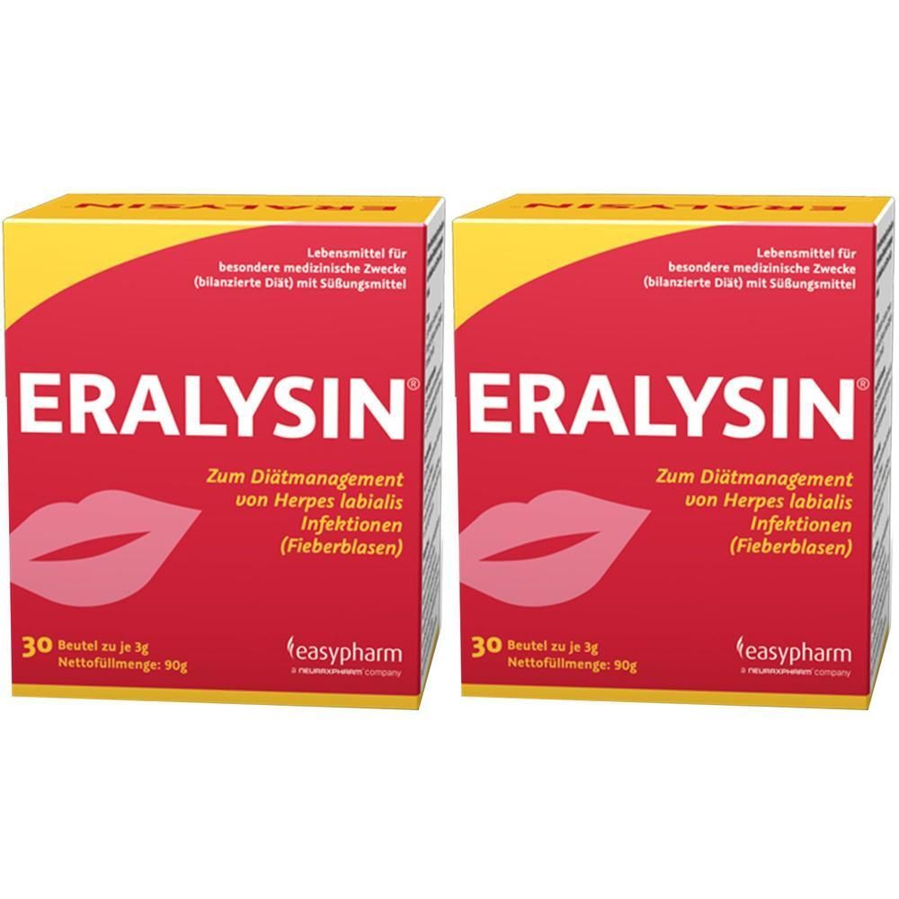 Zwei Packungen ERALYSIN® mit Lippenabbildung, 30 Beutel à 3g.