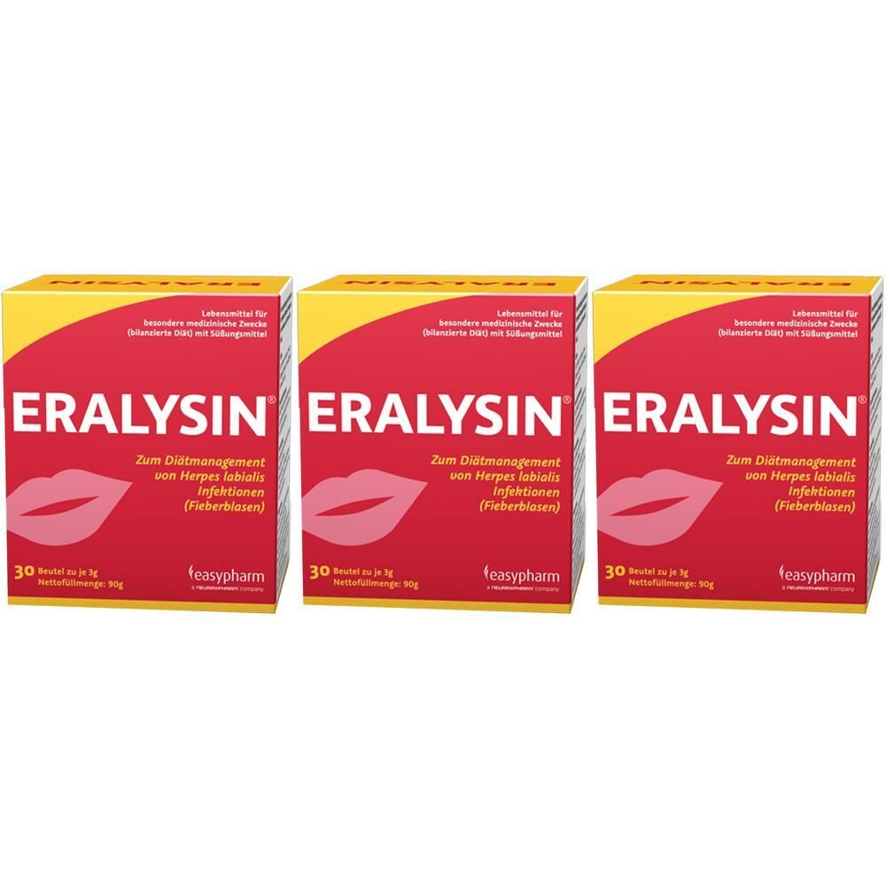 Drei Schachteln ERALYSIN mit Lippen-Symbol und Aufschrift 'Zum Diätmanagement von Herpes labialis Infektionen'.