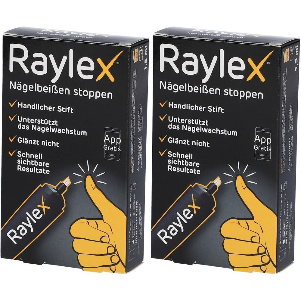 Zwei Packungen Raylex Stift gegen Nagelbeißen. Handlicher Stift, unterstützt Nagelwachstum, glänzt nicht, schnelle Resultate.