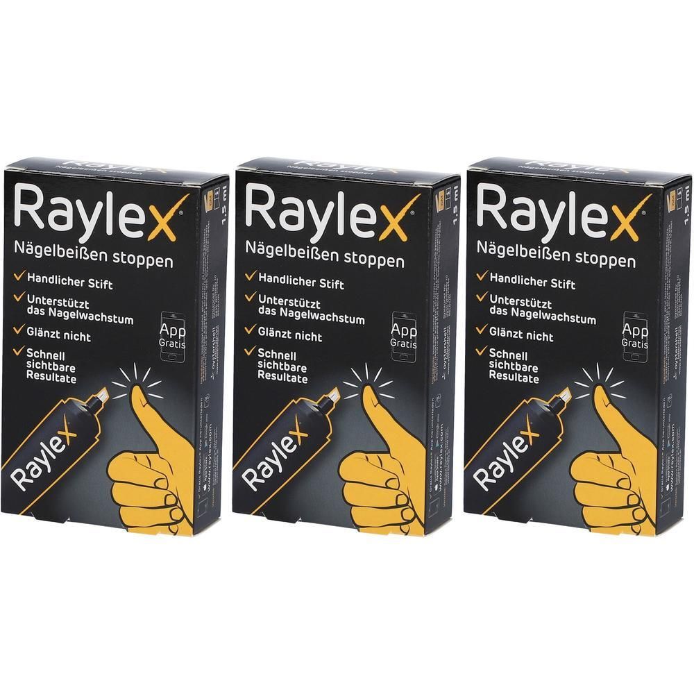 Drei Packungen Raylex Nagellack-Stift gegen Nagelbeißen. Zeigt einen Daumen mit Stift.