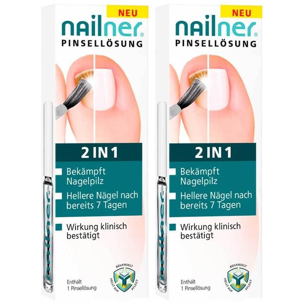 Zwei Packungen Nailner 2 in 1 Pinsellösung gegen Nagelpilz. Zeigt gesunde und befallene Nägel mit Pinselapplikator.