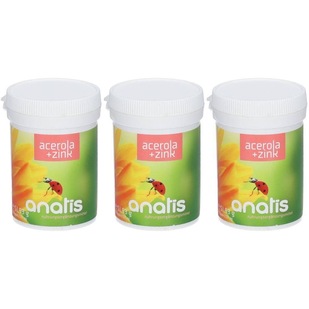 Drei Dosen Anatis Acerola + Zink mit Marienkäfer-Motiv und gelber Blüte.