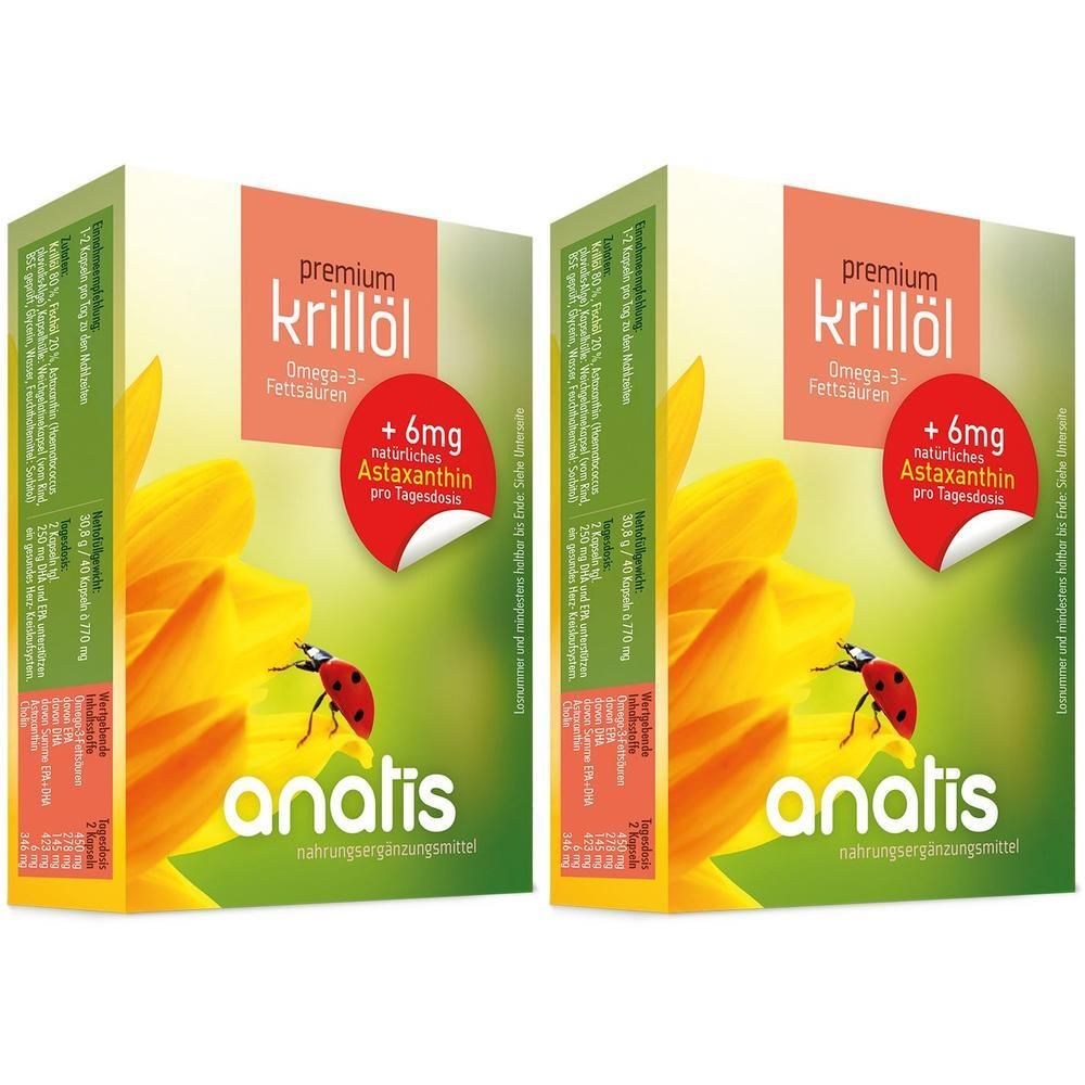 Zwei Packungen Anatis Premium Krillöl mit Astaxanthin. Sonnenblumen- und Marienkäfer-Design.