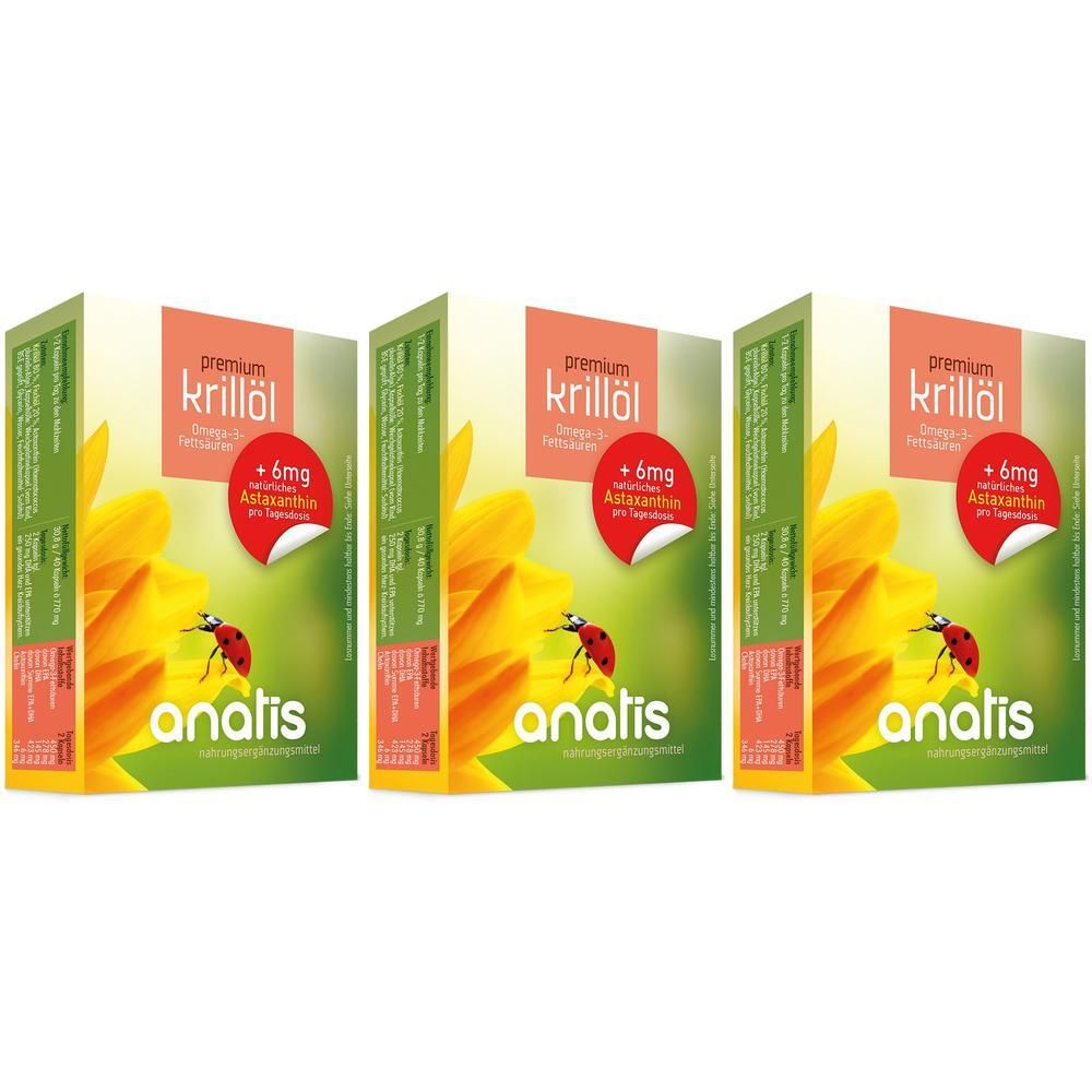 Drei Packungen Anatis Premium Krillöl mit Sonnenblumen und Marienkäfer-Motiv.