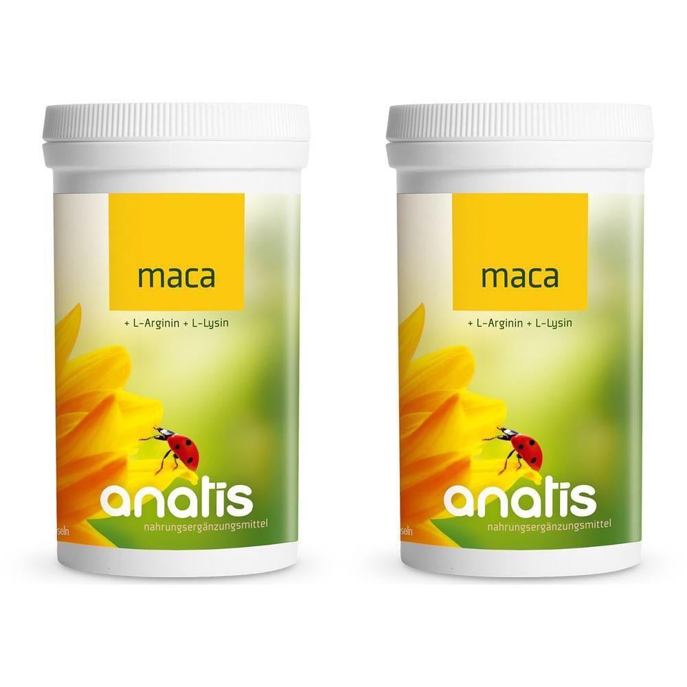 Zwei Behälter mit Maca, L-Arginin und L-Lysin. Gelbes Etikett mit Sonnenblume und Marienkäfer.