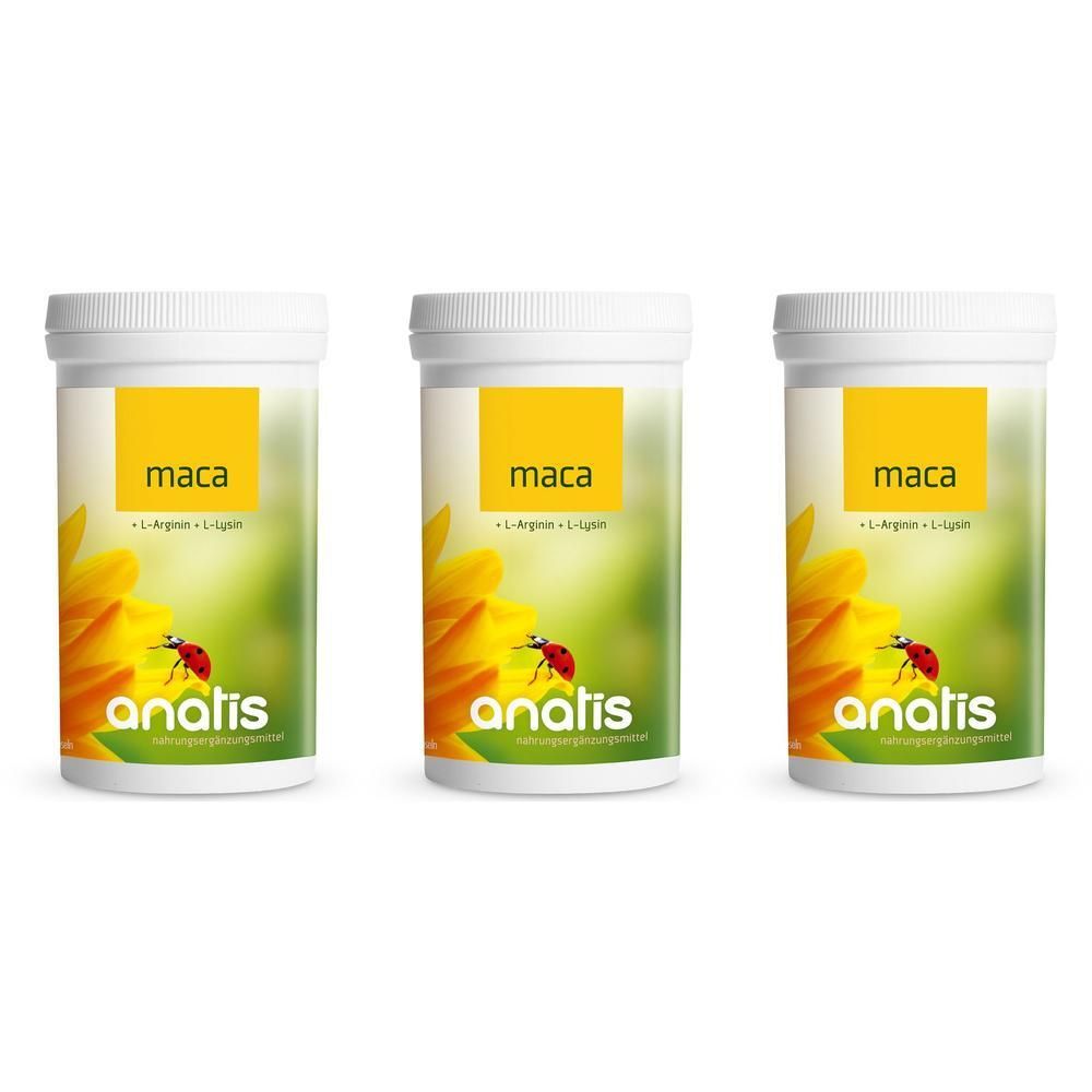 Drei Behälter Anatis Maca + L-Arginin mit Sonnenblumen- und Marienkäfer-Motiv.
