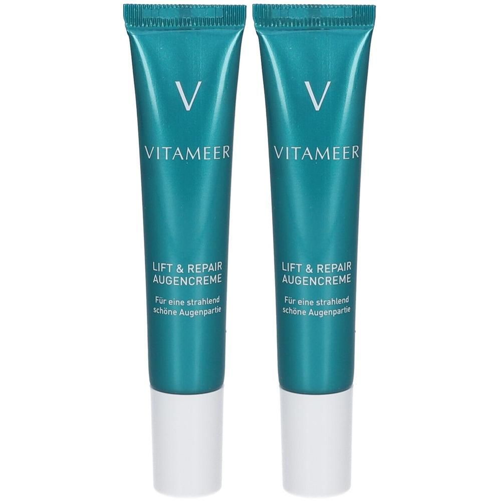 Zwei Tuben VITAMEER Lift & Repair Augencreme in Türkis mit weißem Verschluss. Text: VITAMEER, LIFT & REPAIR AUGENCREME.